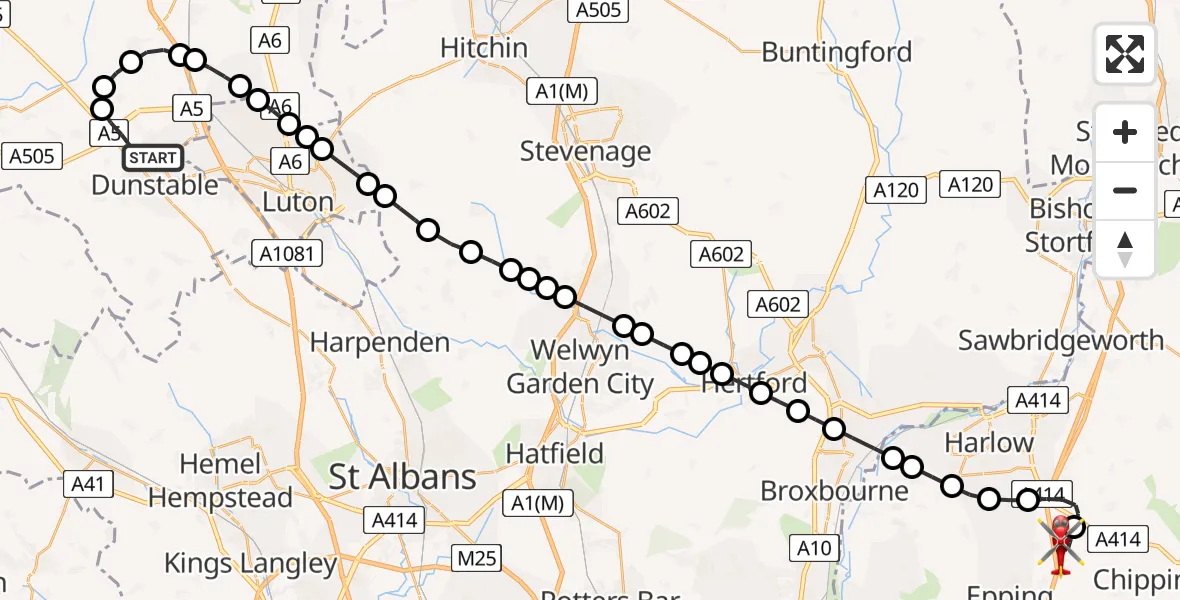 Flight path map showing Air Ambulance Helicopter route from Houghton Regis to North Weald Airfield