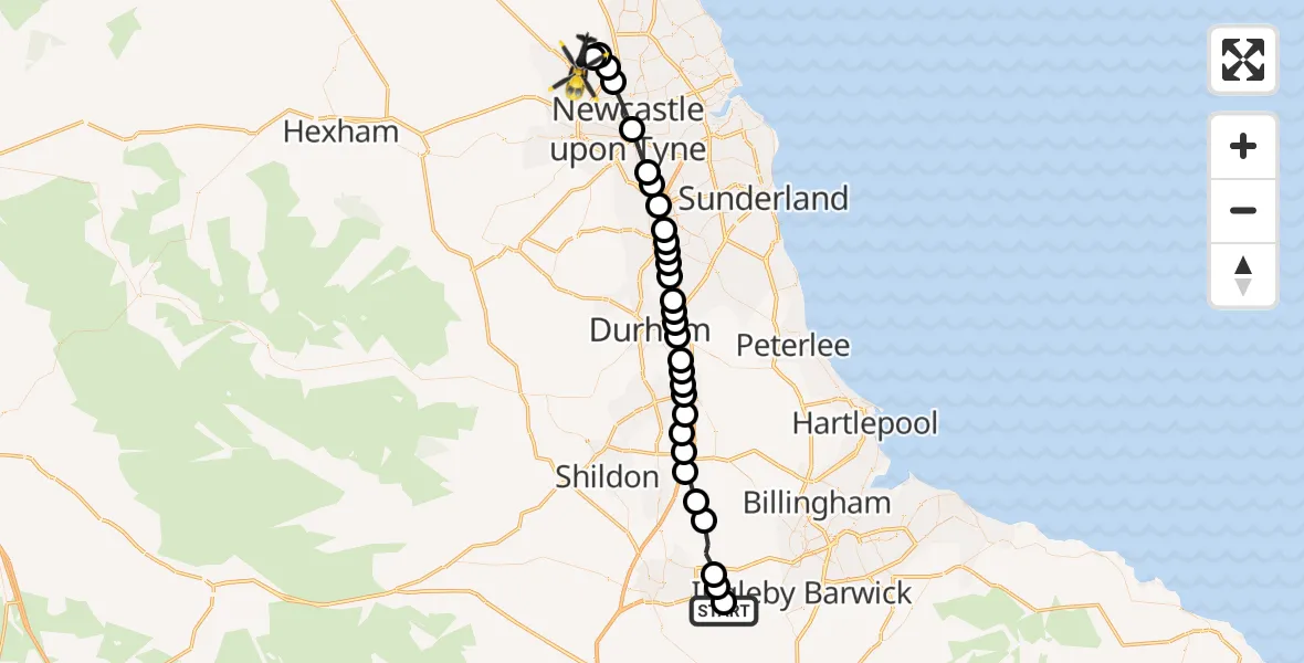 Flight path map showing Police Helicopter route from Teesside International Airport to Newcastle International Airport