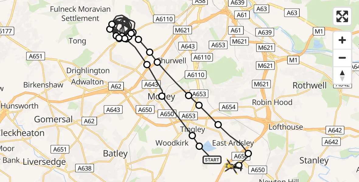 Flight path map showing Police Helicopter route from East Ardsley to East Ardsley