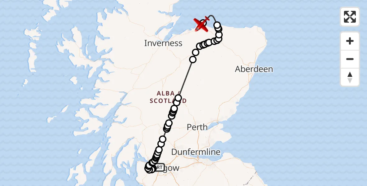 Flight path map showing Air Ambulance Aircraft route from Glasgow Airport to Lossiemouth