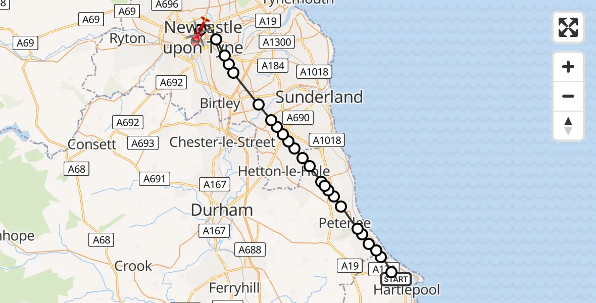 Flight path map showing Air Ambulance Helicopter route from Hartlepool to Newcastle Royal Victoria Infirmary