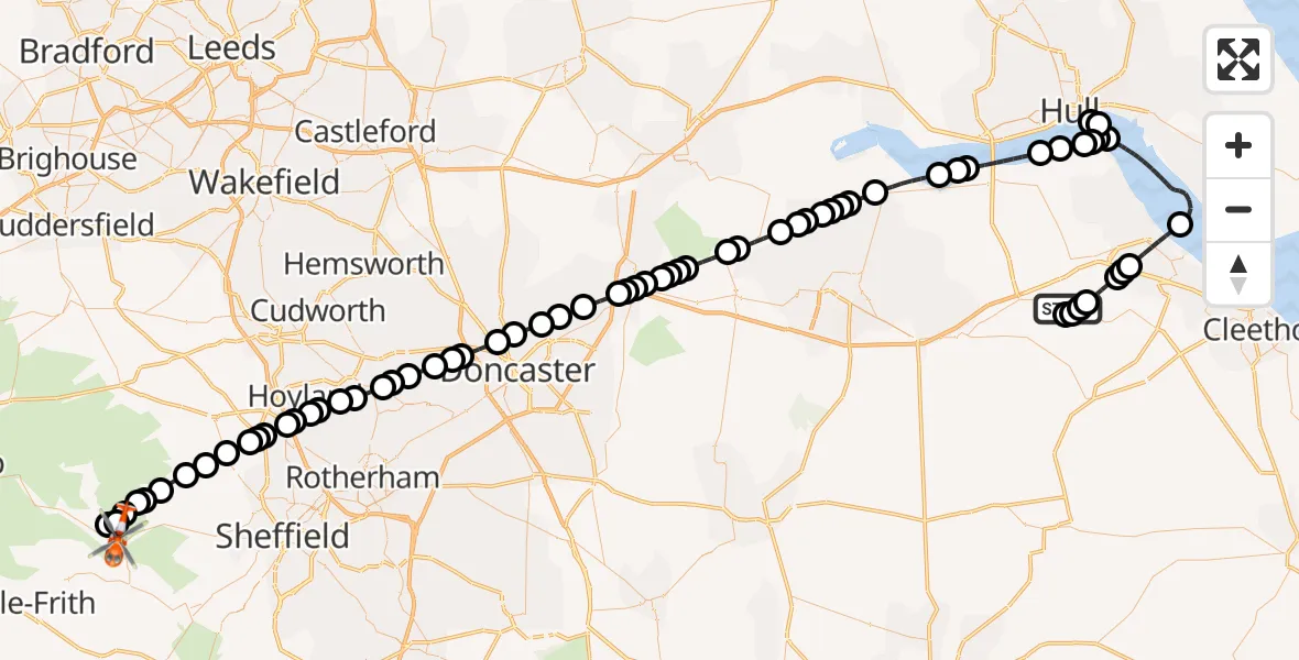 Flight path map showing Coastguard Helicopter route from Humberside Airport to High Peak