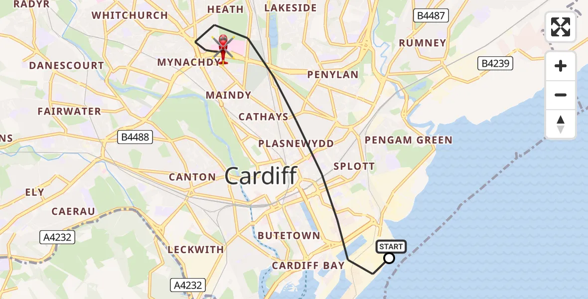 Flight path map showing Air Ambulance Helicopter route from Cardiff Heliport to Cardiff