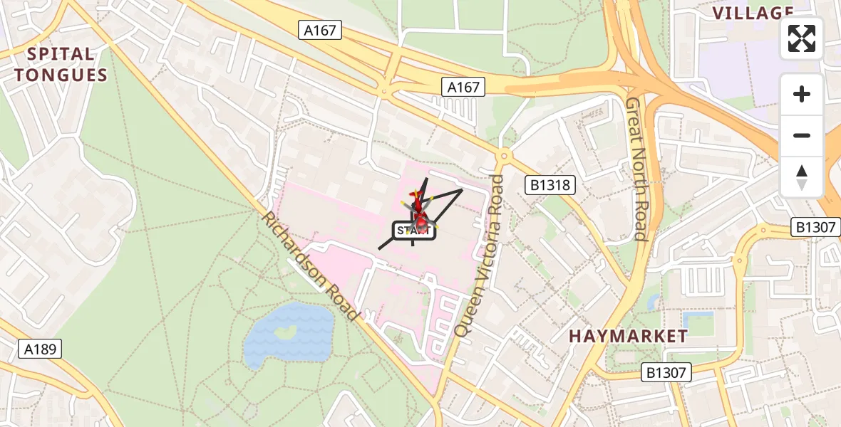 Flight path map showing Air Ambulance Helicopter route from Newcastle Royal Victoria Infirmary to Newcastle Royal Victoria Infirmary