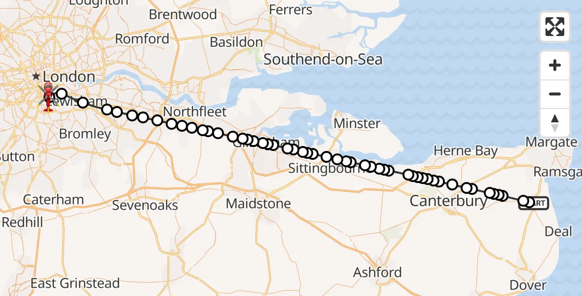 Flight path map showing Air Ambulance Helicopter route from Stone Cross to Kings College London Hospital