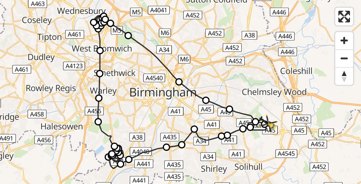 Flight route Police Helicopter Birmingham Airport - Birmingham Airport, 10 March 2026, 18:21