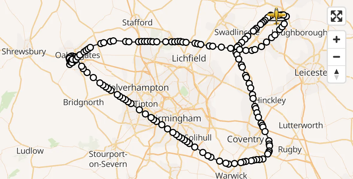 Flight path map showing Police Aircraft route from East Midlands Airport to East Midlands Airport