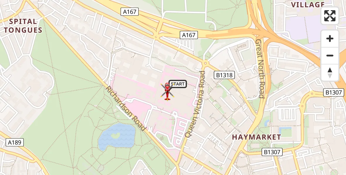 Flight path map showing Air Ambulance Helicopter route from Newcastle Royal Victoria Infirmary to Newcastle Royal Victoria Infirmary