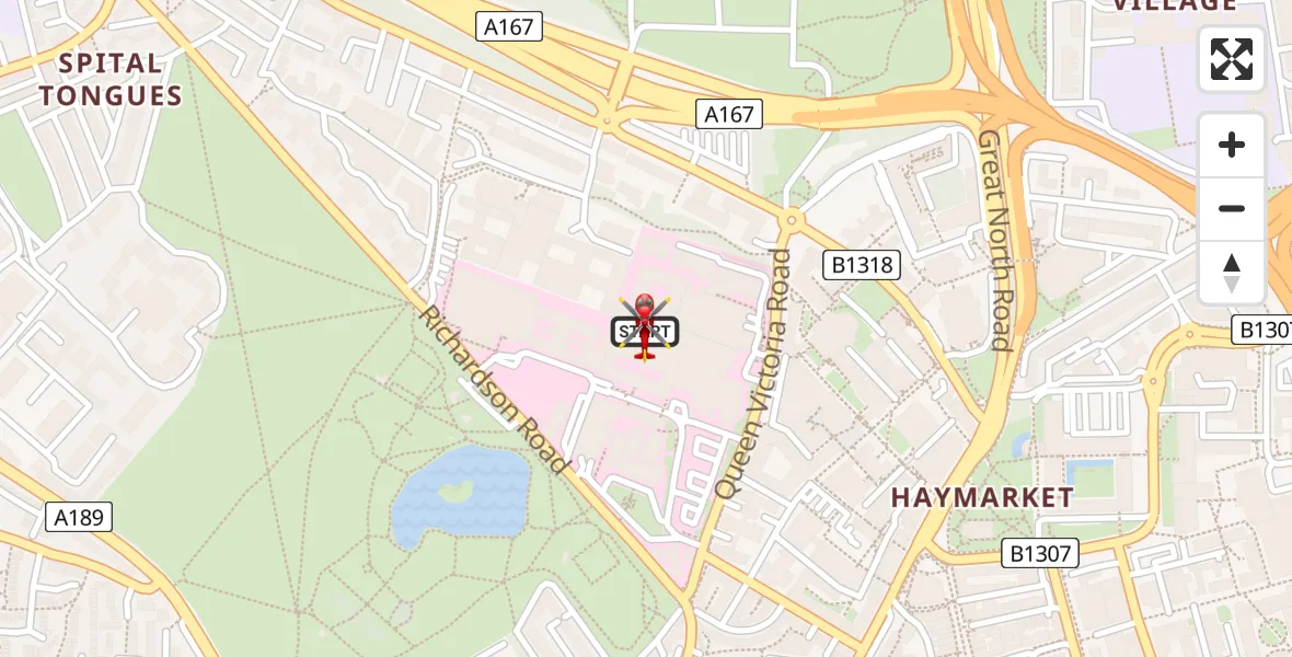 Flight path map showing Air Ambulance Helicopter route from Newcastle Royal Victoria Infirmary to Newcastle Royal Victoria Infirmary