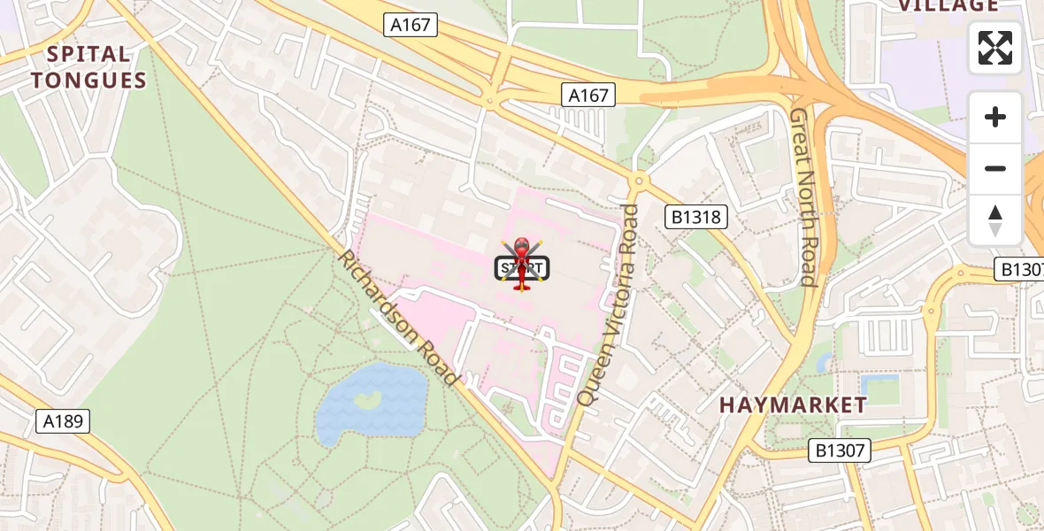 Flight path map showing Air Ambulance Helicopter route from Newcastle Royal Victoria Infirmary to Newcastle Royal Victoria Infirmary