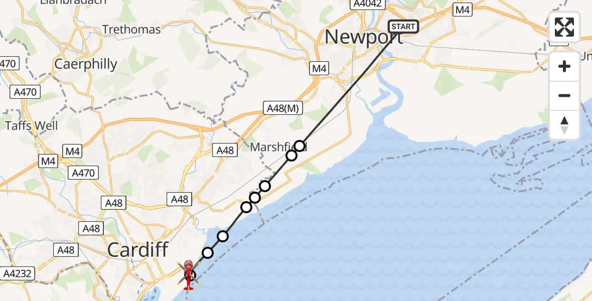 Flight path map showing Air Ambulance Helicopter route from Newport to Cardiff Heliport