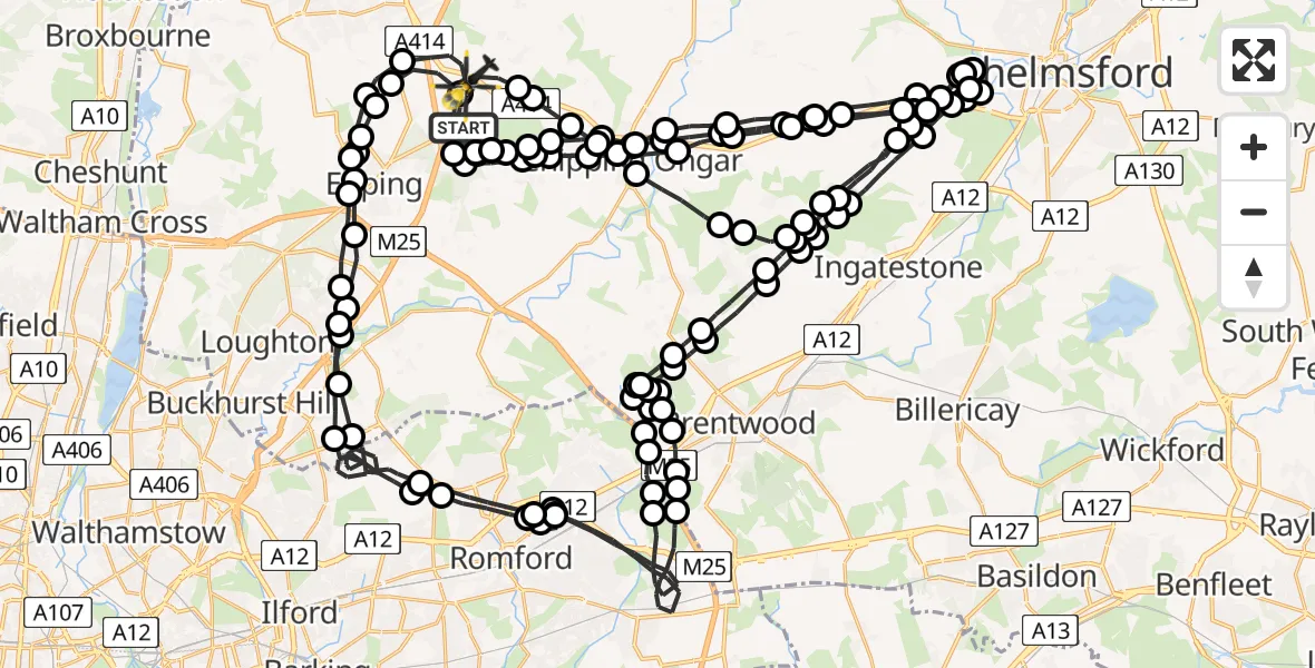 Flight path map showing Police Helicopter route from North Weald Airfield to North Weald Bassett