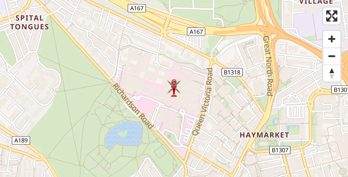 Flight path map showing Air Ambulance Helicopter route from Newcastle Royal Victoria Infirmary to Newcastle Royal Victoria Infirmary