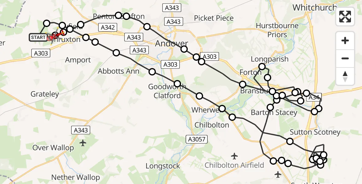 Routekaart van de vlucht: Air Ambulance Helicopter to Thruxton Aerodrome, Stanbury Road