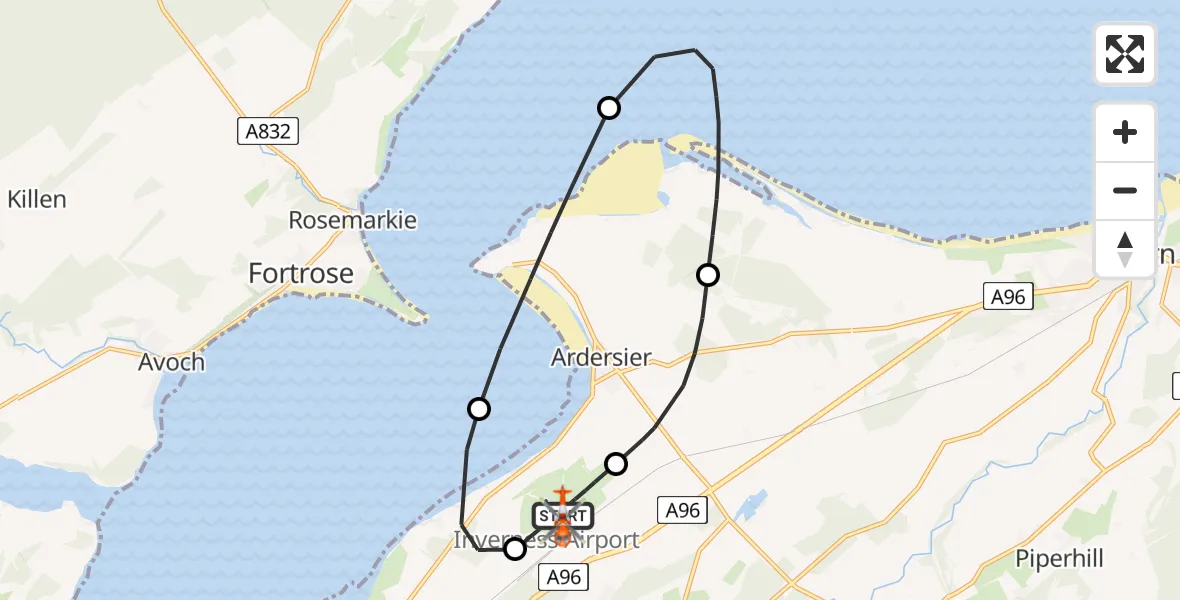 Flight path map showing Coastguard Helicopter route from Inverness Airport to Inverness Airport