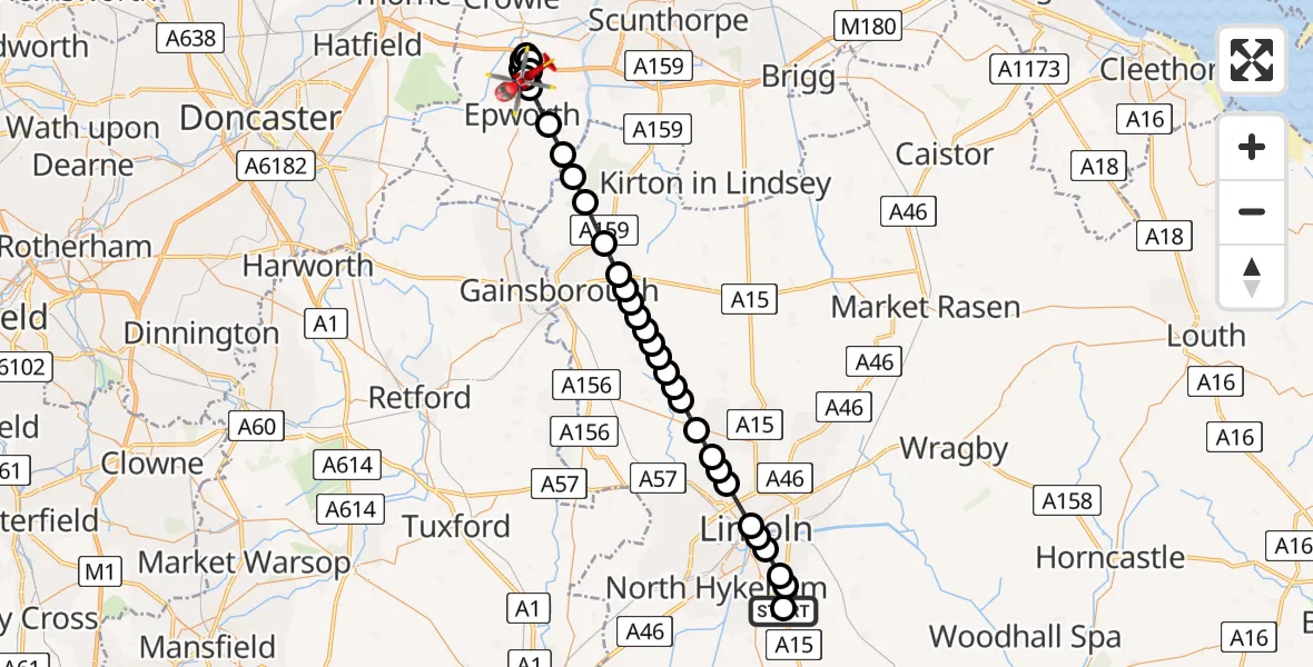 Flight path map showing Air Ambulance Helicopter route from RAF Waddington to Church Town