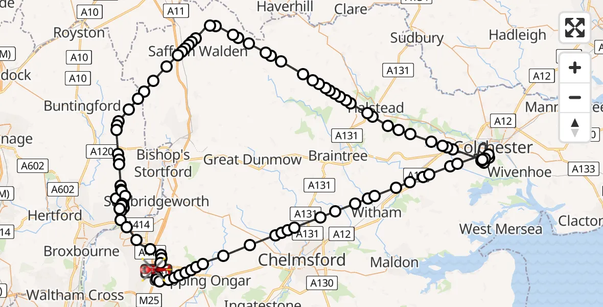Flight path map showing Air Ambulance Helicopter route from North Weald Airfield to North Weald Airfield
