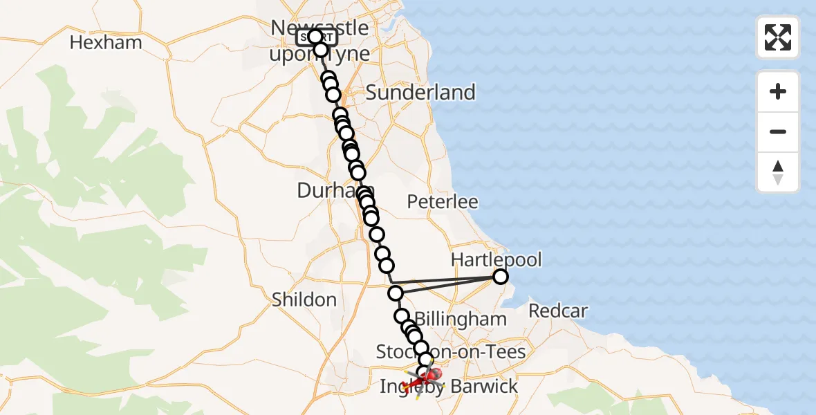 Flight path map showing Air Ambulance Helicopter route from Newcastle Royal Victoria Infirmary to Egglescliffe