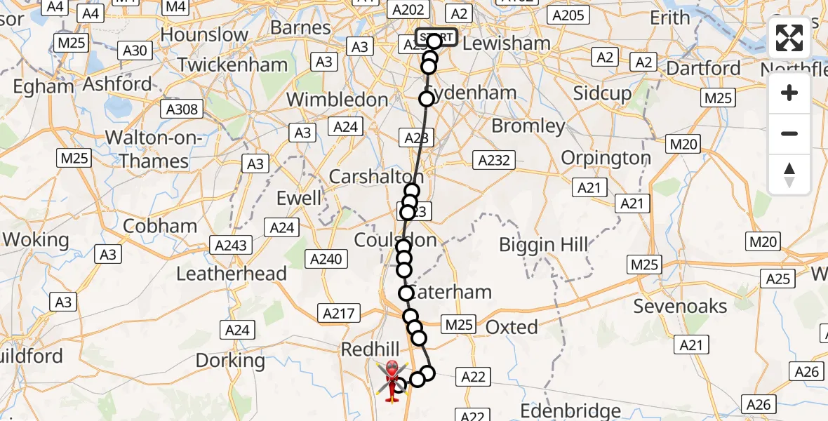 Flight path map showing Air Ambulance Helicopter route from Kings College London Hospital to Redhill Aerodrome