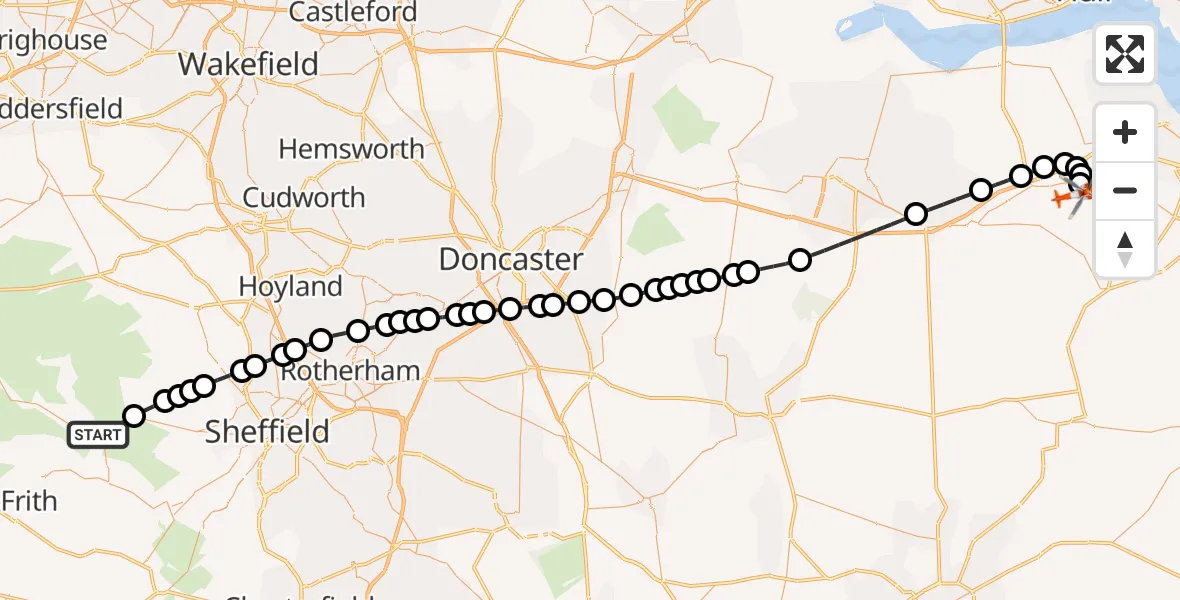 Flight path map showing Coastguard Helicopter route from High Peak to Humberside Airport