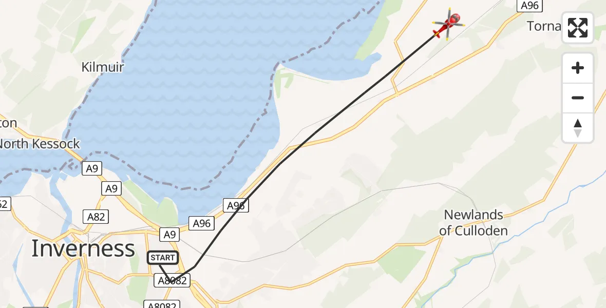 Flight path map showing Air Ambulance Helicopter route from Inverness to Inverness