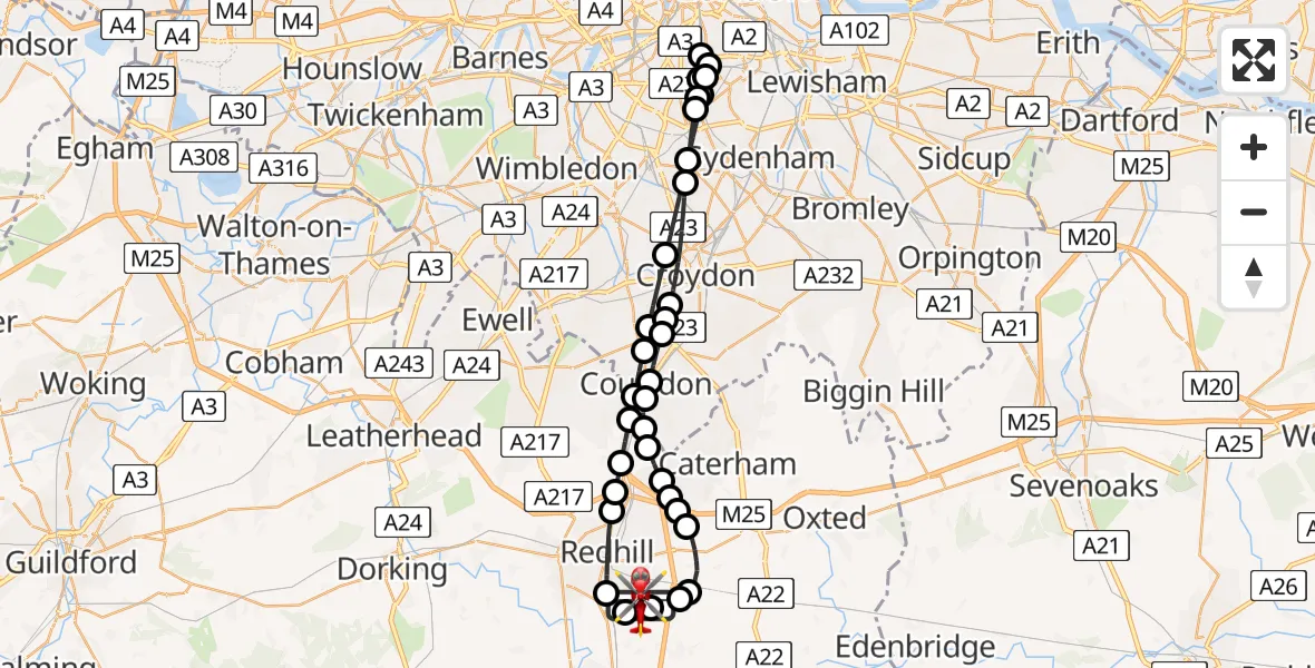 Flight path map showing Air Ambulance Helicopter route from Redhill Aerodrome to Redhill Aerodrome