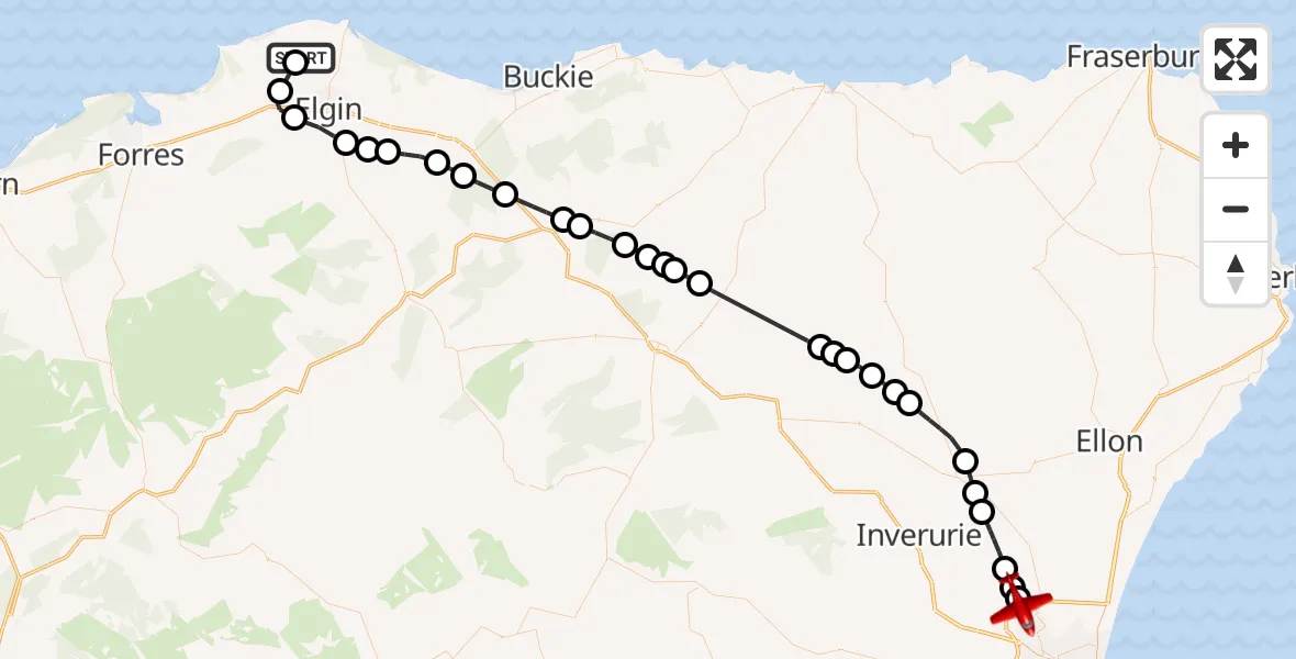 Flight path map showing Air Ambulance Aircraft route from RAF Lossiemouth to Aberdeen City