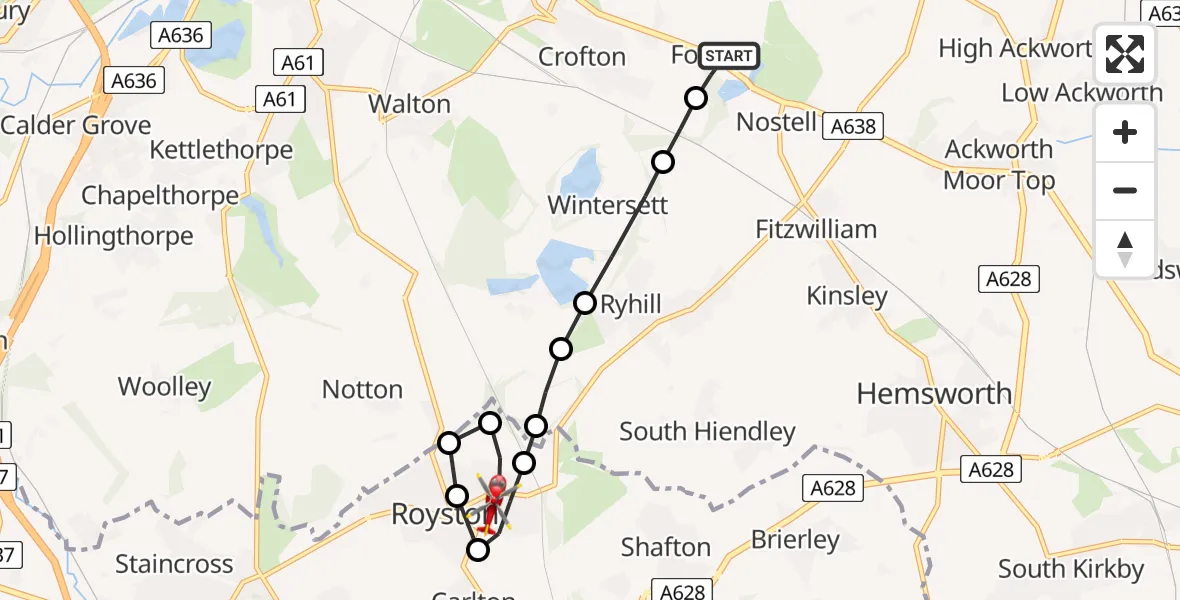 Flight path map showing Air Ambulance Helicopter route from YAA Nostell Helicopter Port to Royston