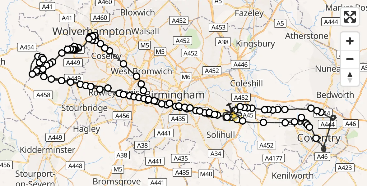 Flight route Police Helicopter Birmingham Airport - Birmingham Airport, 10 March 2026, 19:48