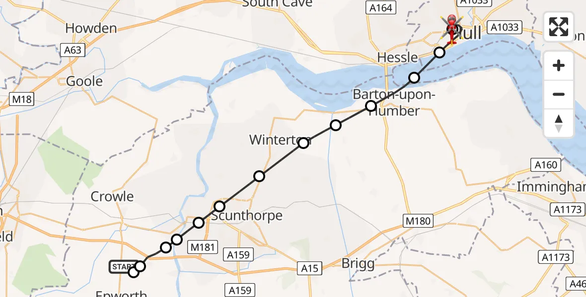 Flight path map showing Air Ambulance Helicopter route from Church Town to Hull Royal Infirmary