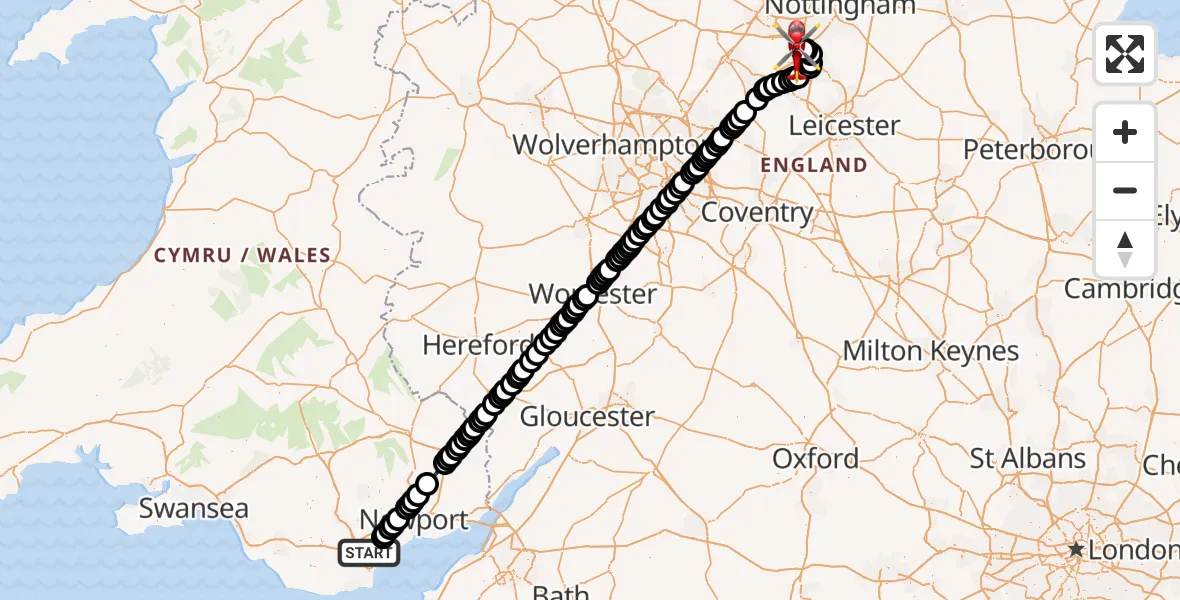 Flight path map showing Air Ambulance Helicopter route from Cardiff to East Midlands Airport