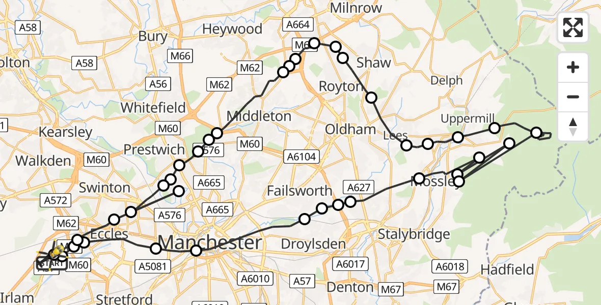 Flight path map showing Police Helicopter route from Manchester Barton Aerodrome to Manchester Barton Aerodrome