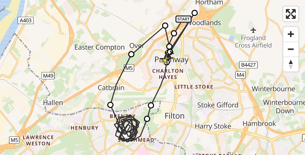 Flight path map showing Police Helicopter route from Almondsbury Helicopter Base to Patchway
