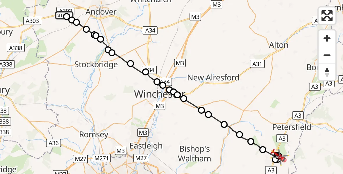 Flight path map showing Air Ambulance Helicopter route from Thruxton to East Hampshire