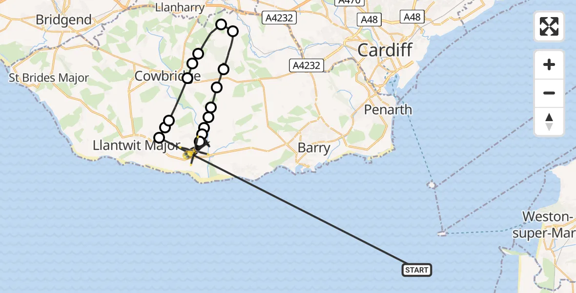 Flight path map showing Police Helicopter route from Bristol Channel to St Athan