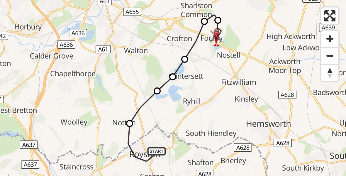 Flight path map showing Air Ambulance Helicopter route from Royston to YAA Nostell Helicopter Port
