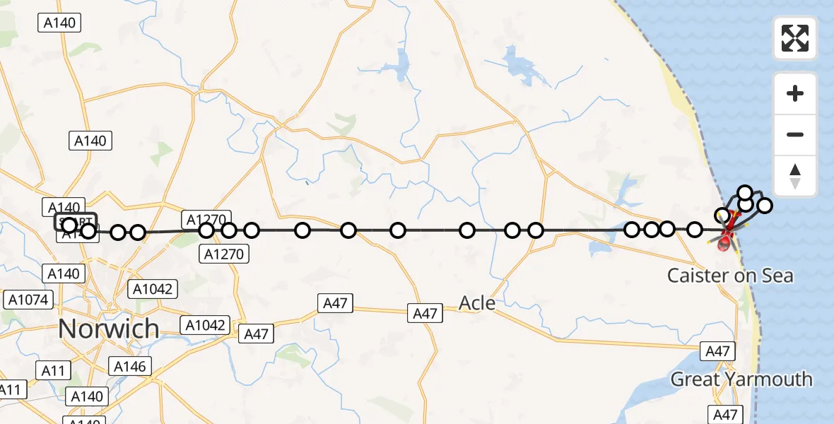 Flight path map showing Air Ambulance Helicopter route from Norwich Airport to California