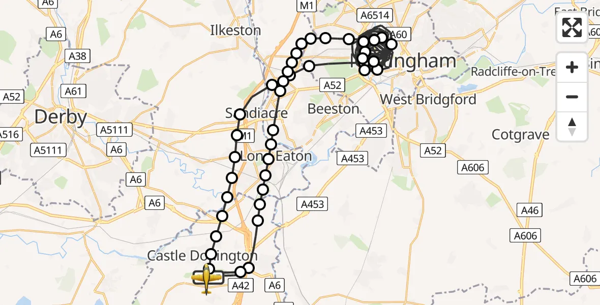 Flight path map showing Police Aircraft route from East Midlands Airport to East Midlands Airport