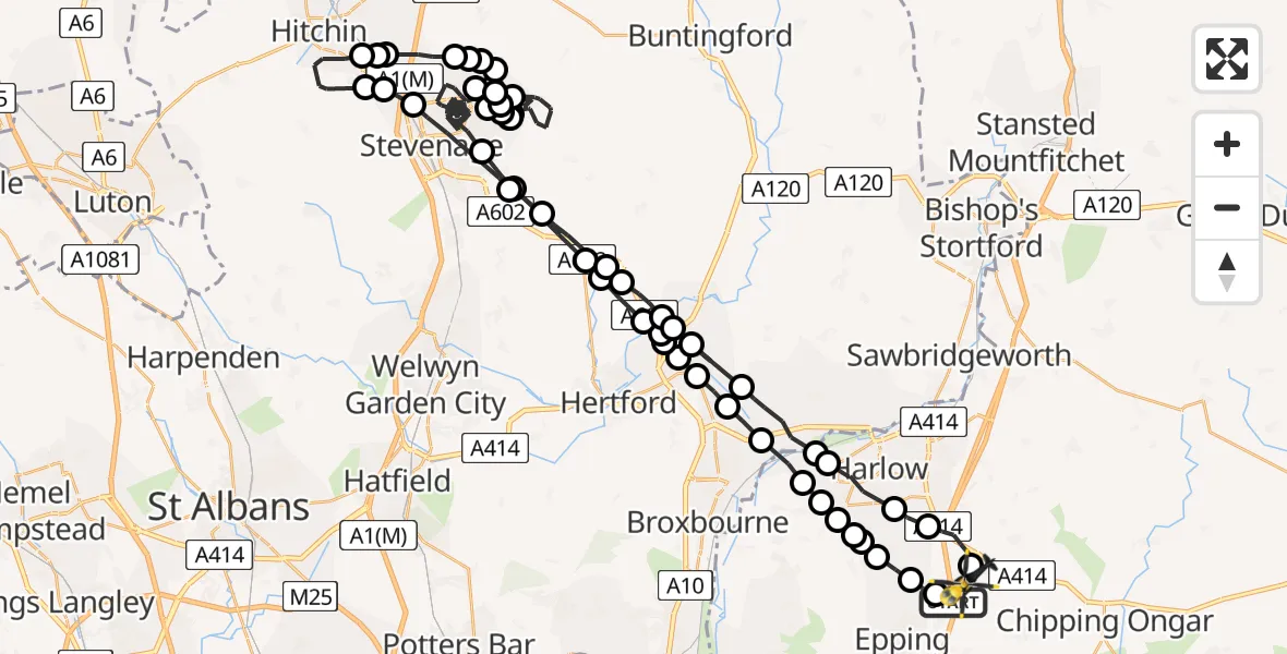 Flight path map showing Police Helicopter route from North Weald Airfield to North Weald Airfield