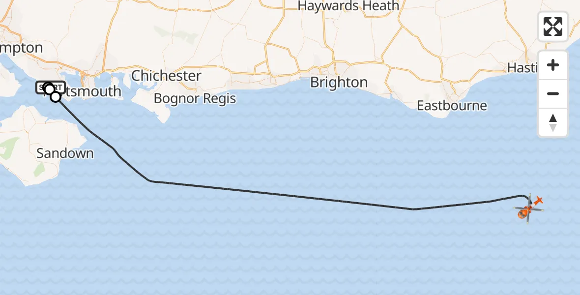Flight path map showing Coastguard Helicopter route from Solent Airport to English Channel