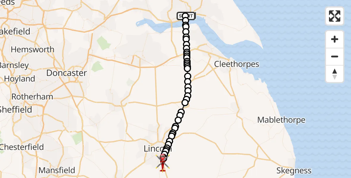 Flight path map showing Air Ambulance Helicopter route from Hull Royal Infirmary to North Kesteven