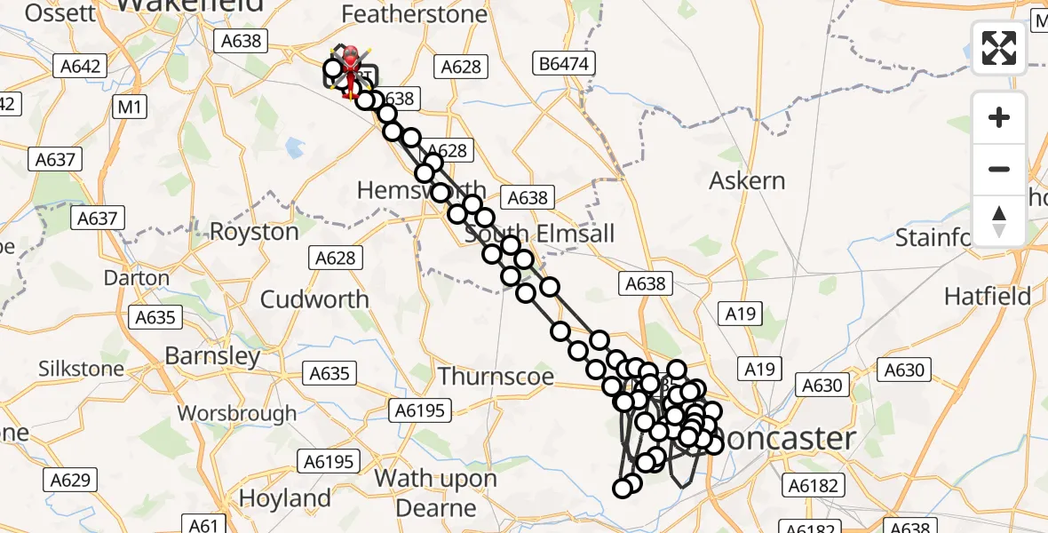 Flight path map showing Air Ambulance Helicopter route from YAA Nostell Helicopter Port to YAA Nostell Helicopter Port