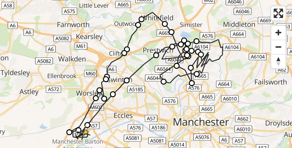 Flight path map showing Police Helicopter route from Manchester Barton Aerodrome to Manchester Barton Aerodrome