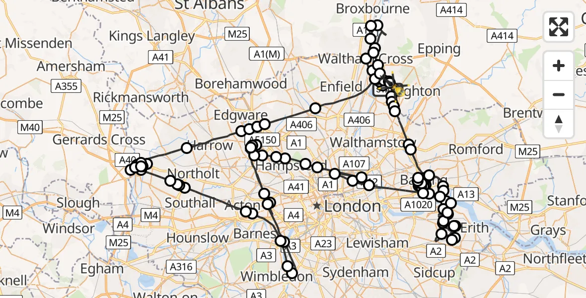 Flight path map showing Police Helicopter route from Sewardstonebury to Metropolitan Police Air Support Unit Lippitts Hill