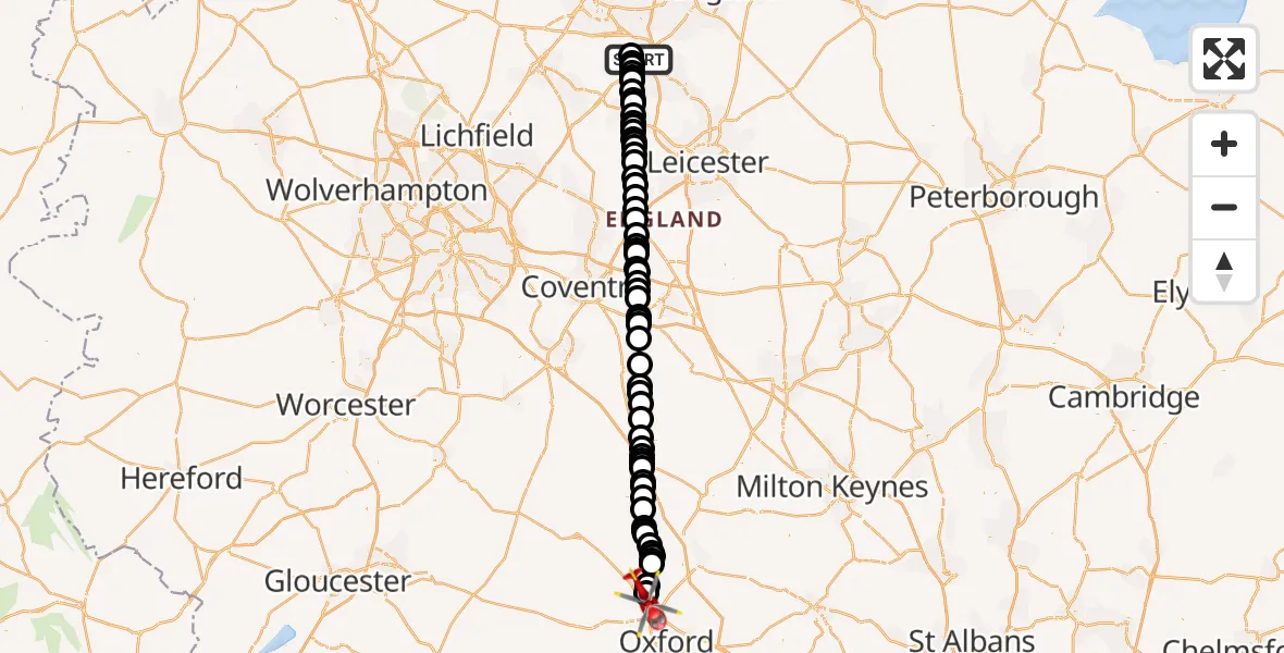 Flight path map showing Air Ambulance Helicopter route from East Midlands Airport to London Oxford Airport