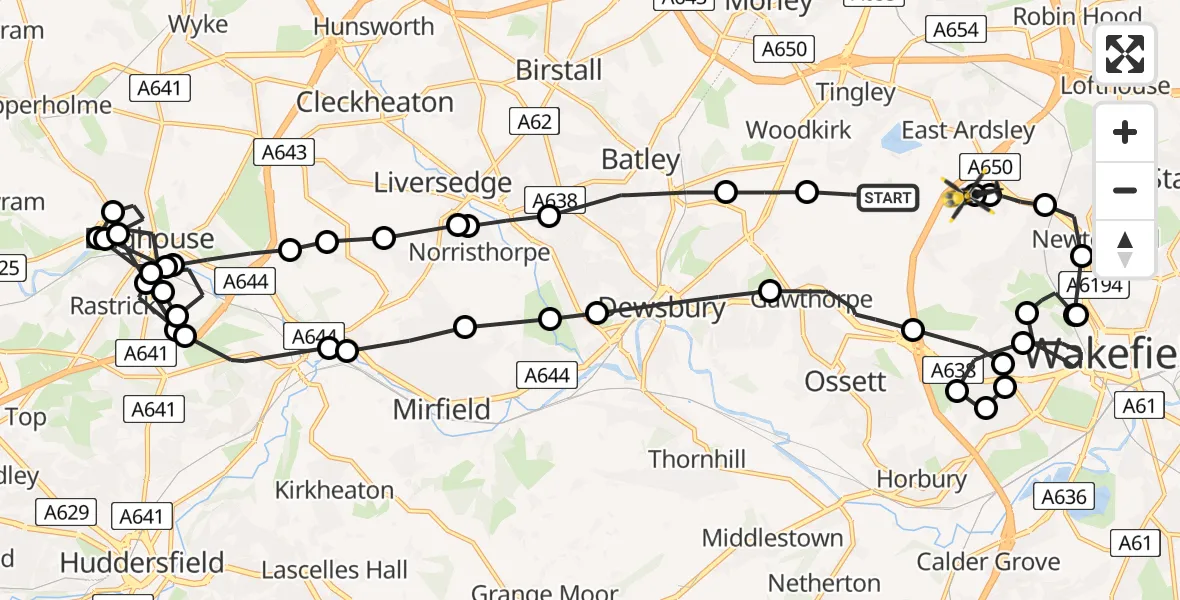 Flight path map showing Police Helicopter route from Woodkirk to East Ardsley