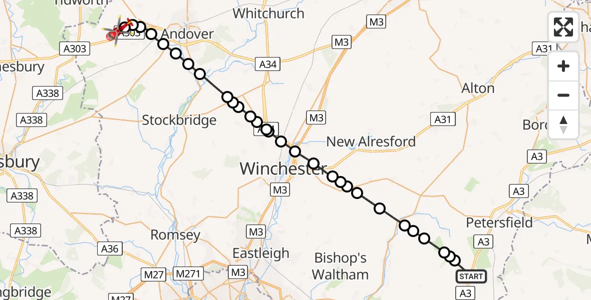 Flight path map showing Air Ambulance Helicopter route from Clanfield to Thruxton Aerodrome