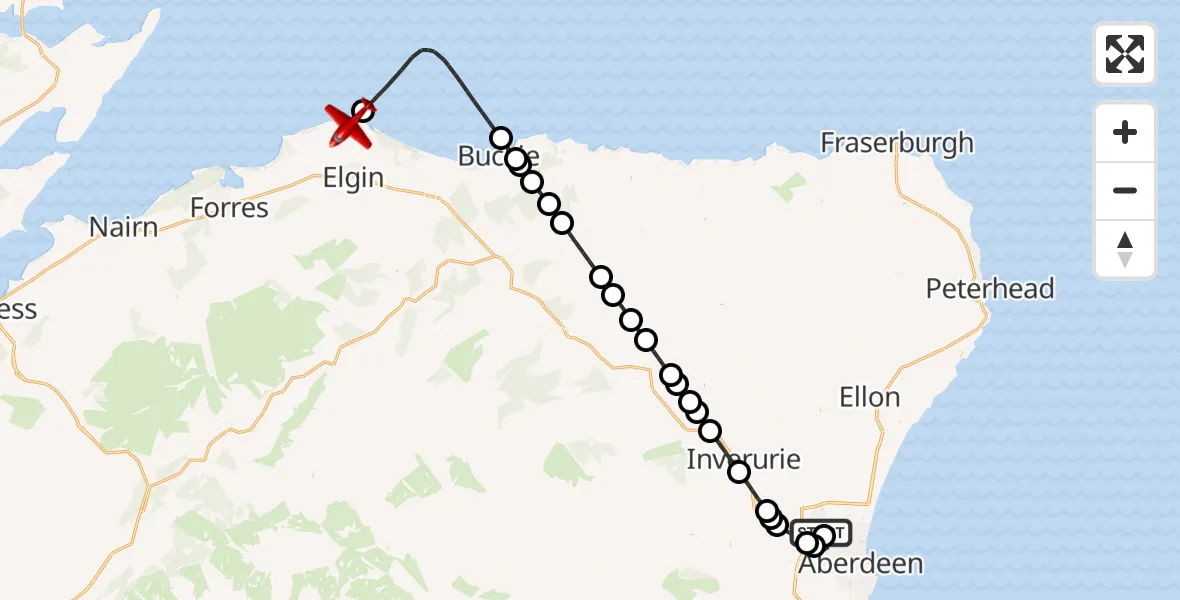 Flight path map showing Air Ambulance Aircraft route from Aberdeen International Airport to Lossiemouth