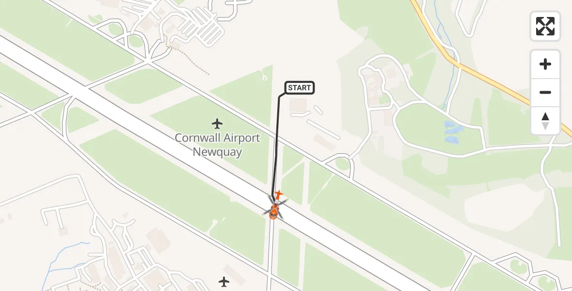 Flight path map showing Coastguard Helicopter route from Cornwall Airport Newquay to Cornwall Airport Newquay