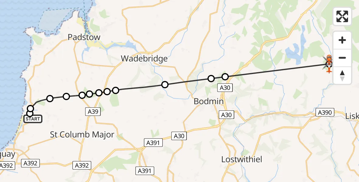 Flight path map showing Coastguard Helicopter route from Tregurrian to St. Neot